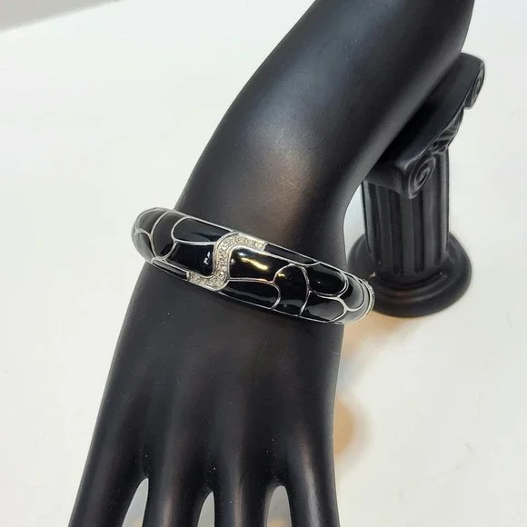 Lia Sophia Silver and Black Rhinestone Accent Bangle Hinged Bracelet - Picture 1 of 7